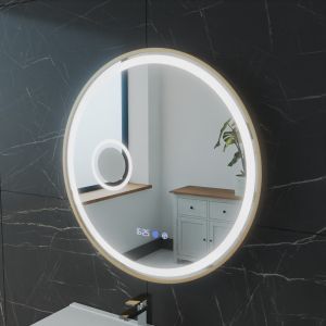 Miroir lumineux rond contour doré ORANA 60 cm - antibuée, horloge et loupe