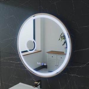 Miroir lumineux rond contour doré ORANA 60 cm - antibuée, horloge et loupe