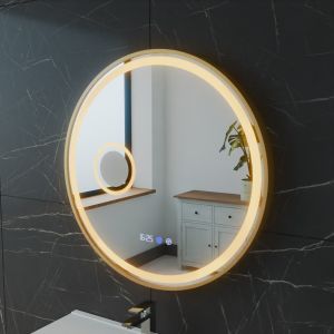 Miroir lumineux rond contour doré ORANA 60 cm - antibuée, horloge et loupe