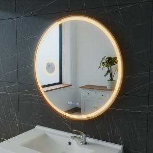 Miroir lumineux rond contour doré ORANA 80 cm - antibuée, horloge et loupe 