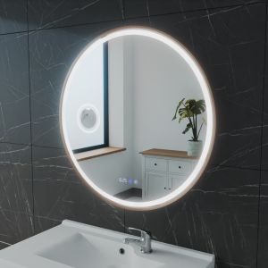 Miroir lumineux rond contour doré ORANA 80 cm - antibuée, horloge et loupe 