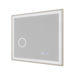 Miroir LED cadre doré CARA 80 cm x 70 cm - antibuée, horloge et loupe 