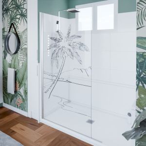 Paroi de douche verre transparent avec dessin mer et palmier PALMA 100 cm