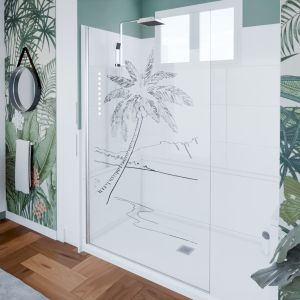 Paroi de douche verre transparent avec dessin mer et palmier PALMA 120 cm