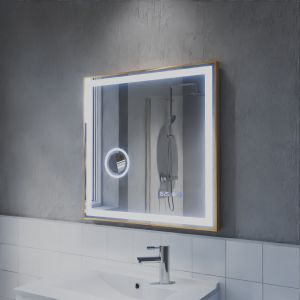 Miroir LED cadre doré CARA 70 cm x 70 cm - antibuée, horloge et loupe