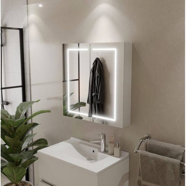 Armoire de toilette BOXLED - 70 cm avec portes miroir, éclairage LED intégré et prise 220 V à l'intérieur