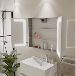 Armoire de toilette BOXLED - 80 cm avec portes miroir, éclairage LED intégré et prise 220 V à l'intérieur