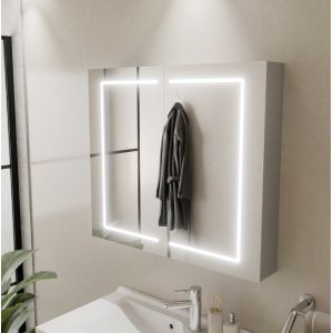 Armoire de toilette BOXLED - 80 cm avec portes miroir, éclairage LED intégré et prise 220 V à l'intérieur