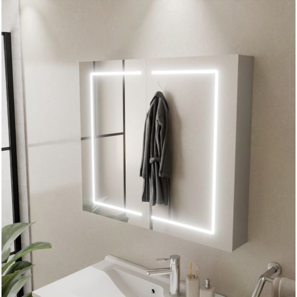 Armoire de toilette BOXLED - 80 cm avec portes miroir, éclairage LED intégré et prise 220 V à l'intérieur