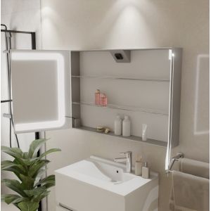 Armoire de toilette BOXLED - 120 cm avec portes miroir, éclairage LED intégré et prise 220 V à l'intérieur