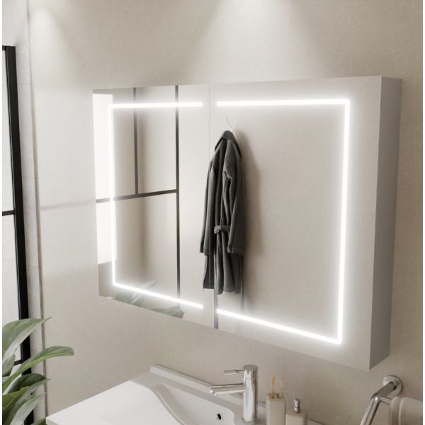 Armoire de toilette BOXLED - 120 cm avec portes miroir, éclairage LED intégré et prise 220 V à l'intérieur