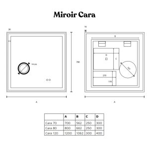 Miroir LED cadre doré CARA 70 cm x 70 cm - antibuée, horloge et loupe