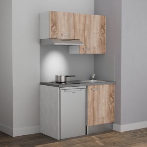 Kitchenette K01L-PT 120 cm avec plan de travail gris, évier inox, façades de meuble coloris bois