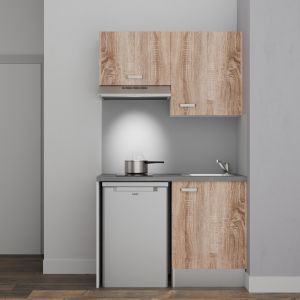 Kitchenette K01L-PT 120 cm avec plan de travail gris, évier inox, façades de meuble coloris bois