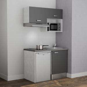 Kitchenette 120 cm K02L-PT meubles bas et hauts façades coloris gris, plan de travail gris et évier inox