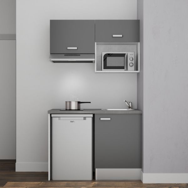 Kitchenette 120 cm K02L-PT meubles bas et hauts façades coloris gris, plan de travail gris et évier inox