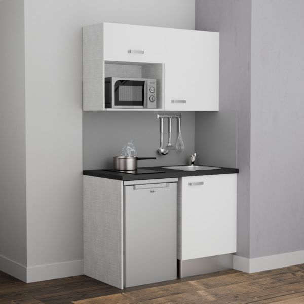 Kitchenette 120 cm modèle K07L-PT avec meubles bas et hauts façades blanches, plan de travail noir, évier inox 