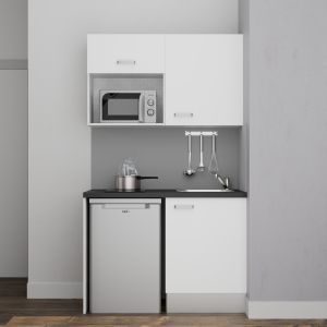 Kitchenette 120 cm modèle K07L-PT avec meubles bas et hauts façades blanches, plan de travail noir, évier inox