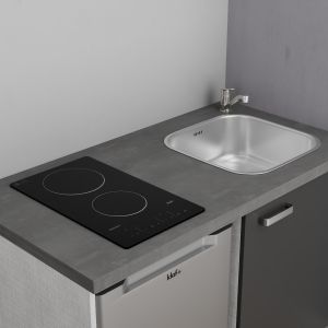 Kitchenette K02L-PT façades grises - 120 cm avec plan de travail gris et évier en inox à encastrer et emplacements frigo, hotte 