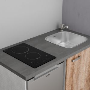 Kitchenette K01L-PT - 120 cm avec plan de travail gris et évier en inox, façade bois emplacements frigo et hotte