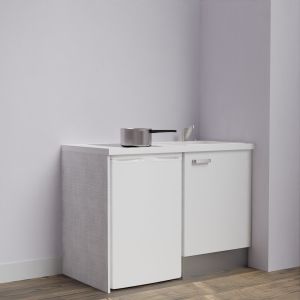 Kitchenette K08-PT - 120 cm avec plan de travail blanc et évier blanc - emplacement frigo - meuble blanc mat