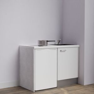 Kitchenette K08-PT - 120 cm avec plan de travail blanc et évier noir - emplacement frigo - meuble blanc mat