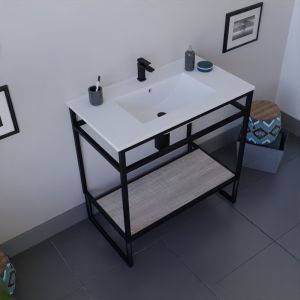 Meuble salle de bain STRUCTURA 80 cm structure inox noire, étagère coloris bois, plan vasque en céramique