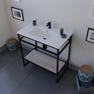 Meuble salle de bain STRUCTURA 80 cm structure inox noire, étagère coloris bois, plan vasque en céramique