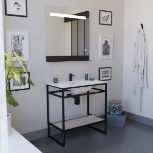 Meuble salle de bain STRUCTURA 80 cm, étagère bois, plan vasque en céramique, miroir LED