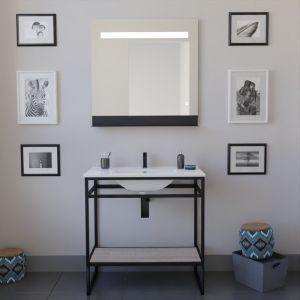 Meuble salle de bain STRUCTURA 80 cm, étagère bois, plan vasque en céramique, miroir LED