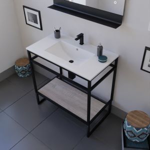 Meuble salle de bain STRUCTURA 80 cm, étagère bois, plan vasque en céramique, miroir LED