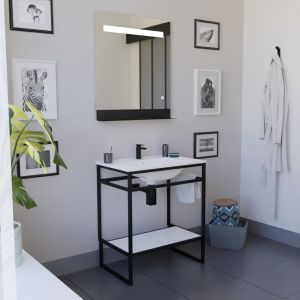 Meuble salle de bain STRUCTURA 70 cm, étagère blanche, plan vasque en céramique, miroir LED