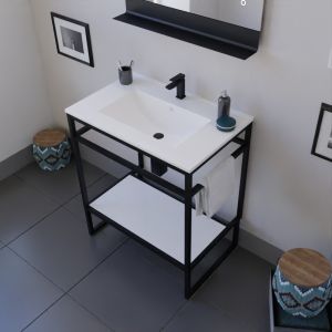 Meuble salle de bain STRUCTURA 70 cm, étagère blanche, plan vasque en céramique, miroir LED