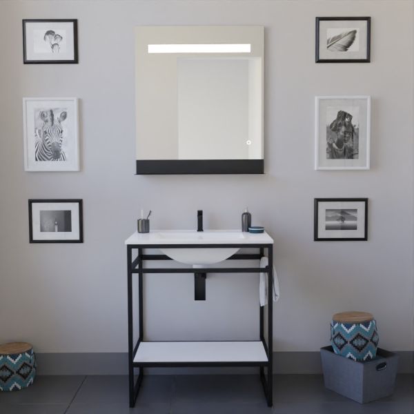 Meuble salle de bain STRUCTURA 70 cm, étagère blanche, plan vasque en céramique, miroir LED