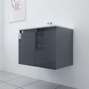 Meuble salle de bain suspendu 70 cm avec porte pivotante et plan vasque en céramique PROLINE - gris