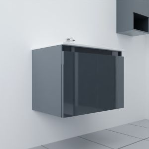 Meuble salle de bain suspendu 70 cm avec porte pivotante et plan vasque en céramique PROLINE - gris