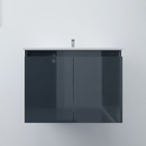 Meuble salle de bain suspendu 70 cm avec porte pivotante et plan vasque en céramique PROLINE - gris