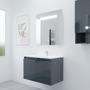 Meuble salle de bain suspendu 80 cm avec porte pivotante avec plan vasque en céramique PROLINE et miroir Elégance ht80 - Gris an