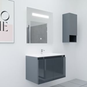 Meuble salle de bain suspendu 80 cm avec porte pivotante avec plan vasque en céramique PROLINE et miroir Elégance ht80 - Gris an