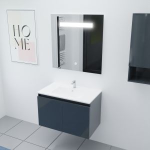 Meuble salle de bain suspendu 80 cm avec porte pivotante avec plan vasque en céramique PROLINE et miroir Elégance ht80 - Gris an