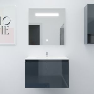 Meuble salle de bain suspendu 80 cm avec porte pivotante avec plan vasque en céramique PROLINE et miroir Elégance ht80 - Gris an