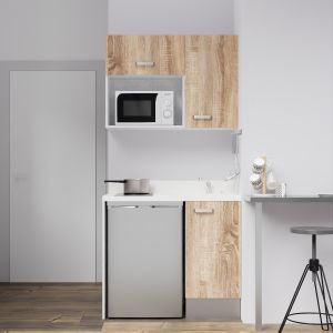 Kitchenette K00 - 100 cm - meubles chêne, plan monobloc blanc avec évier à droite