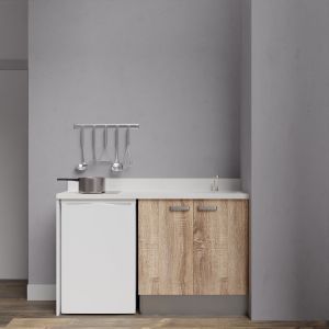 Kitchenette K17 - 140 cm avec plan monobloc évier intégré blanc, meuble façade en coloris bois et emplacement frigo top