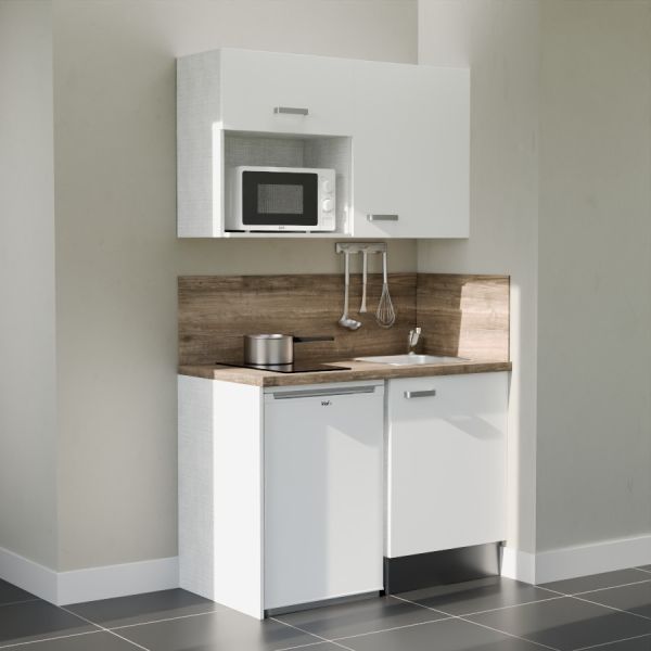 Kitchenette K07L-PT - 120 cm avec plan de travail et évier, emplacements frigo et micro-ondes