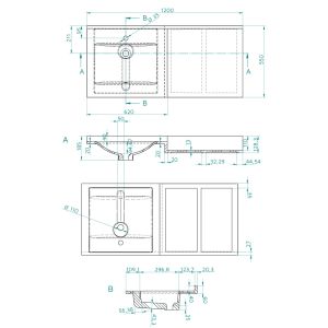 Plan vasque ATOLL avec vasque déportée et plan de toilette - 120 cm