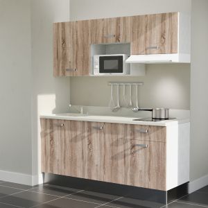 Kitchenette K30L équipée avec électroménager blanc inclus - façades bois, plan travail blanc évier à gauche