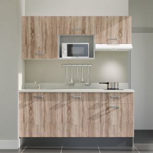 Kitchenette K30L équipée avec électroménager blanc inclus - façades bois, plan travail blanc évier à gauche