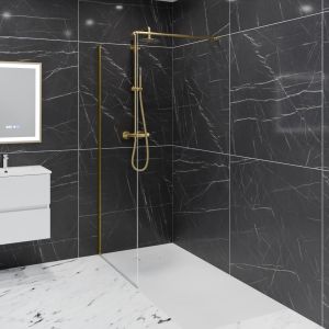 Paroi de douche fixe dorée 90 cm x 200 cm GOLDY - Verre 8 mm - Profilé alu et barre horizontale couleur or