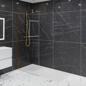 Paroi de douche fixe dorée 100 cm x 200 cm GOLDY - Verre 8 mm - Profilé alu et barre horizontale couleur or