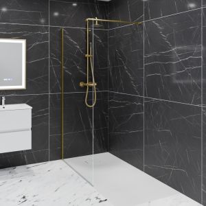 Paroi de douche fixe dorée 110 cm x 200 cm GOLDY - Verre 8 mm - Profilé alu et barre horizontale couleur or